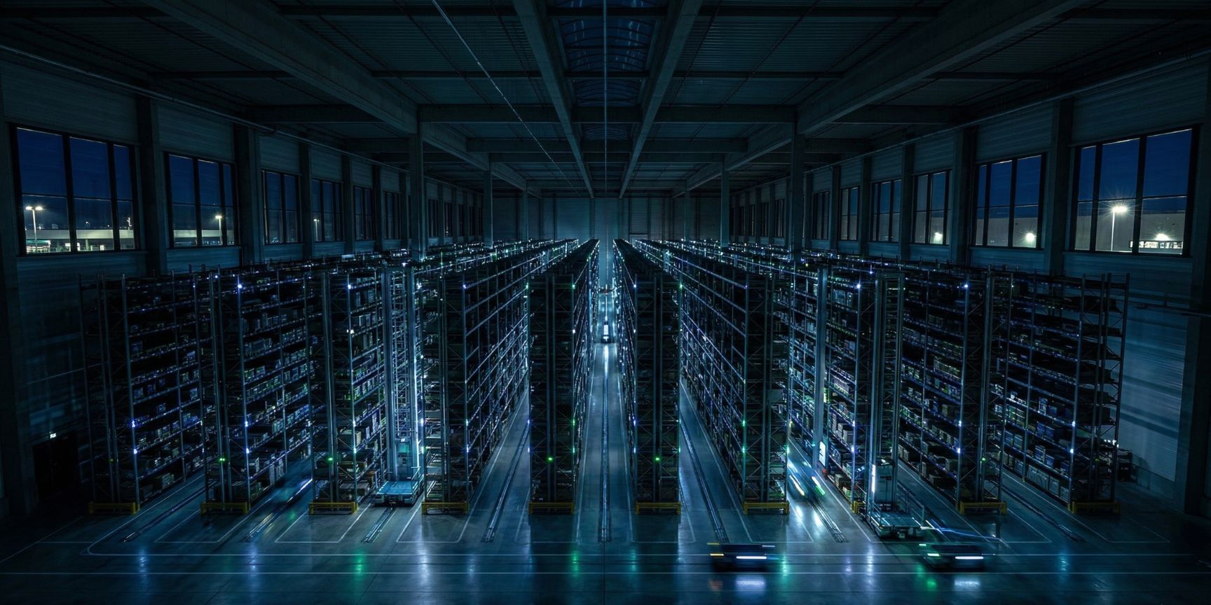 A sprawling wide-angle shot of a huge, deserted Ghost Logistics Center at night, where autonomous robots efficiently navigate dark corridors.